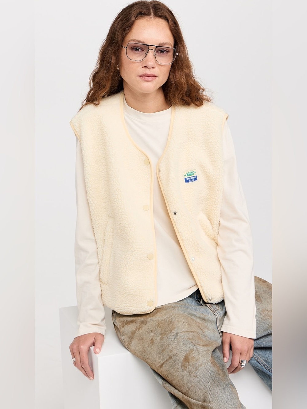American Vintage Hoktown Vest Cream Sherpa Snap-Front Vest, XS/S M/L